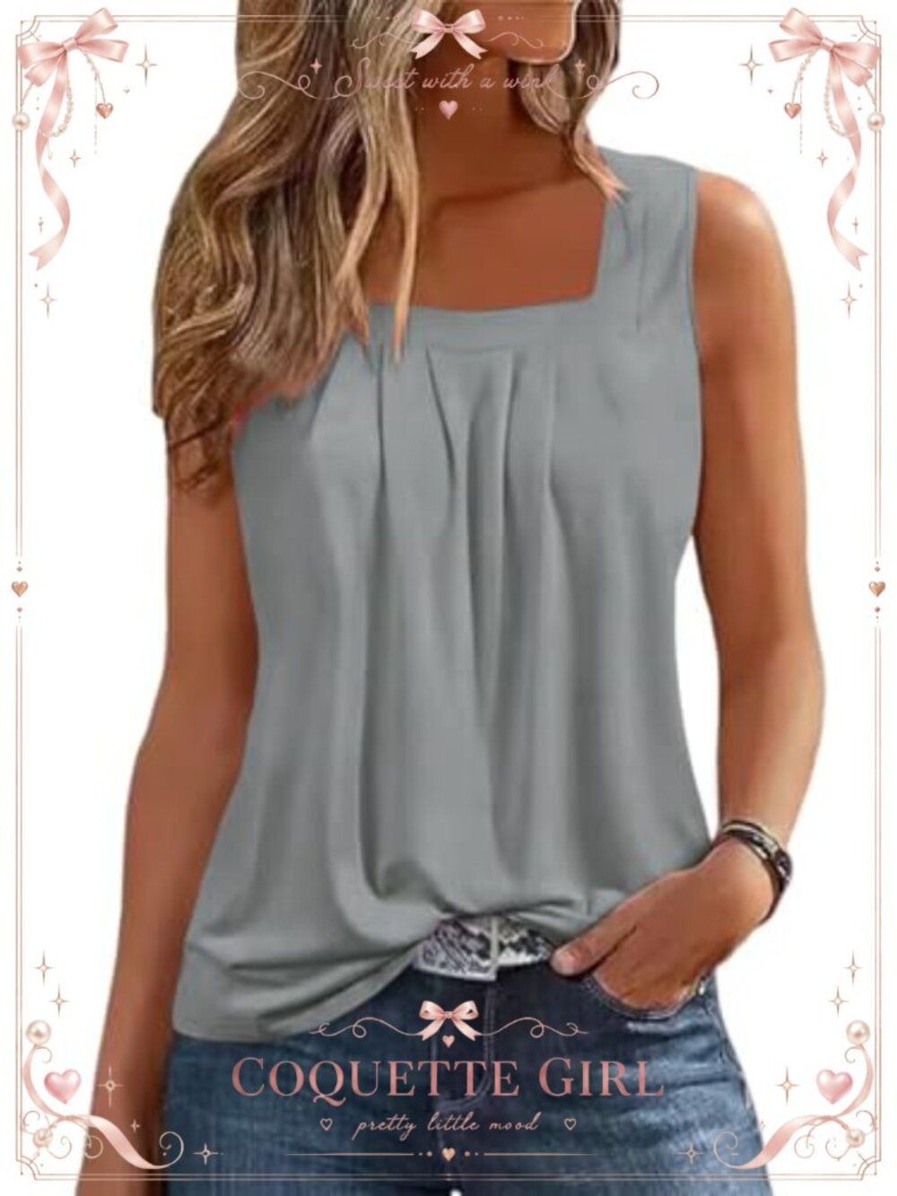 Pleated Square Neck Flowy Tank Top Sleeveless Loose Fit Summer